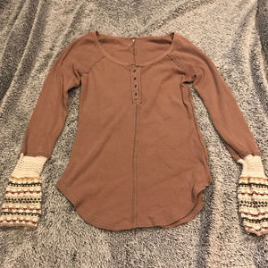 Free People Thermal Shirt with Crochet Sleeves